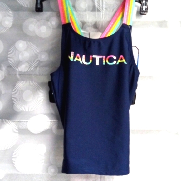 NAUTICA GIRLS NAVY PASTEL CROSS BACK TWO PIECE SWIMSUIT SIZE LARGE 12/14 NWT - Picture 2 of 5